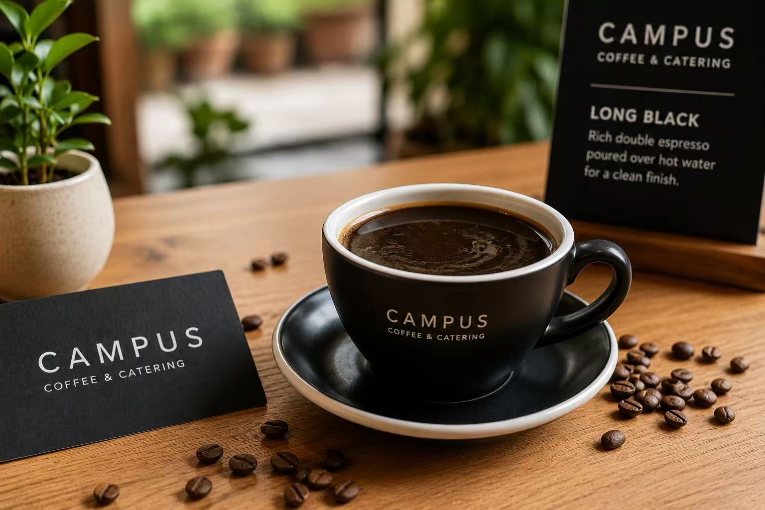 Fresh long black coffee on a café table